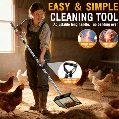 TOOGE Large Chicken Poop Scooper: 2-in-1 Metal Pooper Scooper & Rake Adjustable 62" Long Handle Stainless Steel Sand Sifting Litter Shovel Chicken Coop Scoop Cleaning for Bedding Goats Farm Yard Black - color: Black