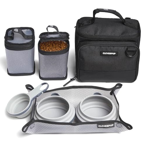 Cleverpup Small 7-Piece Bistro Box Dog Food Travel Kit, 6-Cup BPA-Free Kibble Storage, 2 Silicone Bowls, Mat & Scoop - Portable Pet Food Kit for Weekends, Overnights, Daycare & Camping, Graphite - color: Graphite, size: Small