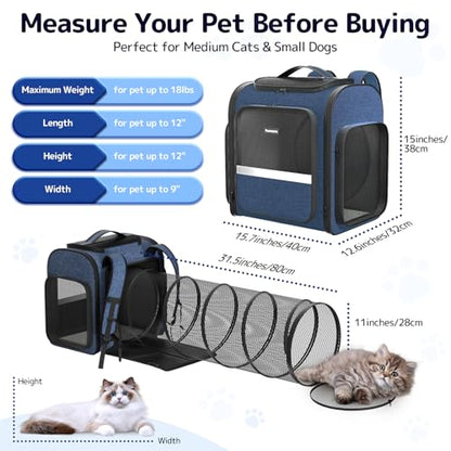 Cat Carrier Backpack with Detachable Play Tunnel, 2 in 1 Cat Tunnel Backpack Suitable for Carrying & Playing, Expandable Pet Carrier for Small Medium Kitten Puppy, Suitable for Travel Hiking Camping - color: Blue+Tunnel