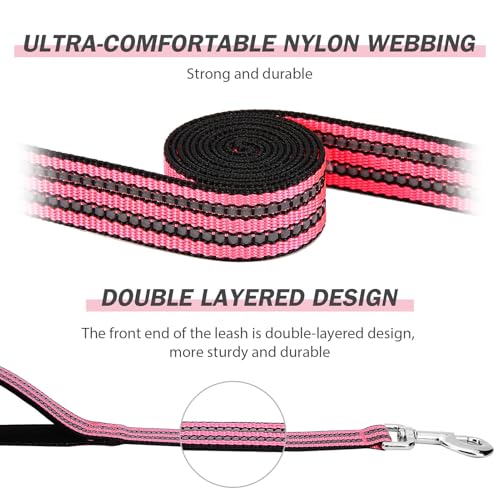 Hikiko 5 Foot Dog Leash with Two Handles Heavy Duty Double Handle Traffic Dog Leash Reflective Training Lead, Hot Pink - color: Hot Pink, size: 1 in x 5 ft