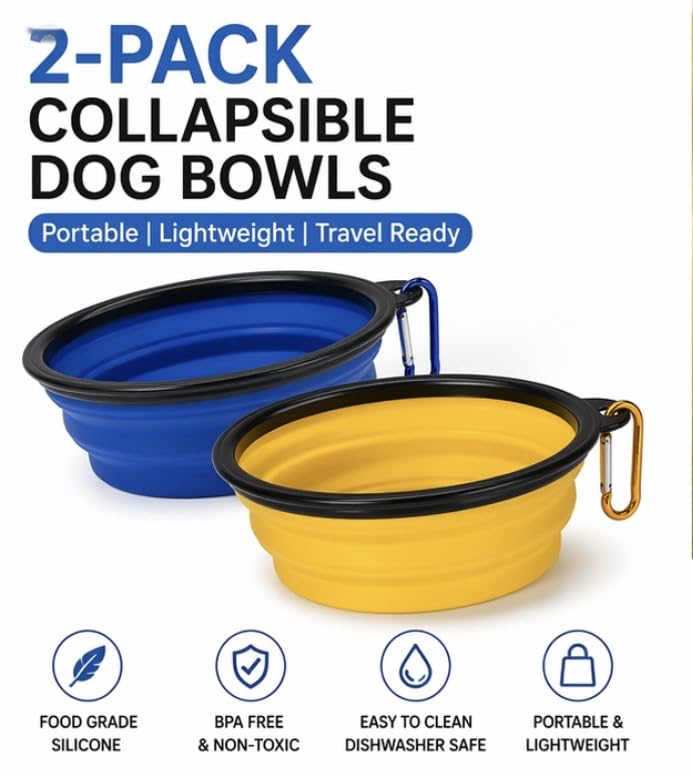 Collapsible Dog Bowl 2-Pack (Blue & Yellow) – Portable Travel Pet Bowl, Foldable Silicone Food & Water Dish with Carabiner Clip for Dogs & Cats, Lightweight & Waterproof