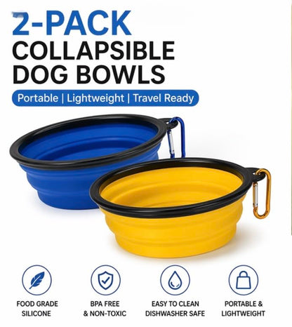 Collapsible Dog Bowl 2-Pack (Blue & Yellow) – Portable Travel Pet Bowl, Foldable Silicone Food & Water Dish with Carabiner Clip for Dogs & Cats, Lightweight & Waterproof
