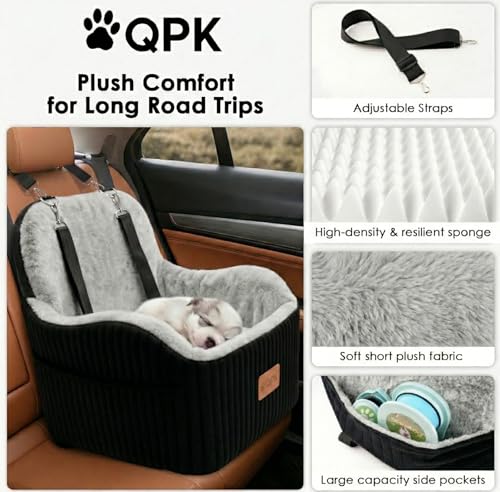 Dog Booster Car Seat for Small Medium Dogs Up to 35 lbs, 6" Elevated Plush Faux Fur Dog Car Seat with Dual Safety Leash, Anti-Tip Non-Slip, Fits Front Back Seat of SUVs Trucks Sedans, Washable Cover