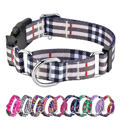 Hikiko Dog Collar for Small Medium Large Dogs, Adjustable Nylon Martingale Collars with Quick Release Buckle (Beige Plaid,L) - color: Beige plaid, size: Large