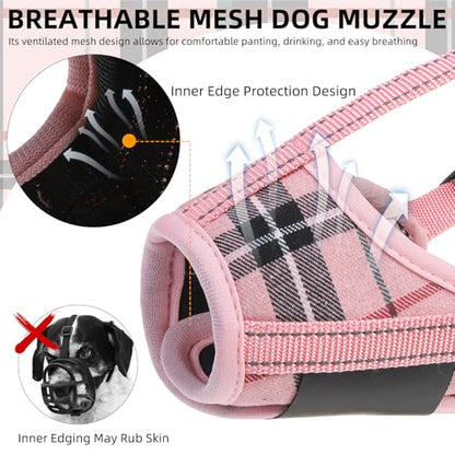 PUPTECK Dog Muzzle, Soft Adjustable Loop Reflective Pets Muzzle Prevent Biting Barking Chewing, Breathable Muzzle with Air Mesh Dog Mouth Guard Drinkable for Large Medium Small Sized, Pink Plaid L - color: Pink, size: L (Snout Cir: 7.09"-9.45")