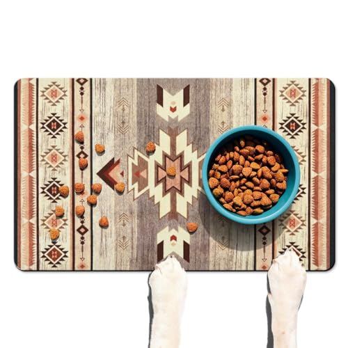 Absorbent Pet Dog Bowl Mat for Food and Water, Pet Cat Food Feeding Mat with Non Slip Rubber Backing, Dog Food Mats for Floors Waterproof, 12"x20" - color: Aztec-Beige, size: 20"L x 12"W