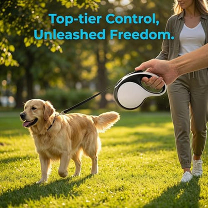 Retractable Dog Leash 16ft for Medium Dogs up to 66lbs — Durable Nylon Tape Leash with 360° Tangle-Free, One-Handed Brake & Lock, with Poop Bag Dispenser, Anti-Slip ABS Handle (White)