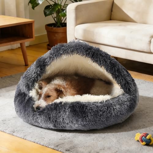NOYAL Round Hooded Donut Dog Bed for Small & Medium Pets - Plush Fluffy Anti-Anxiety Cat Cave Bed with Cover - color: Bandhnu Dark grey, size: Medium 23.6''