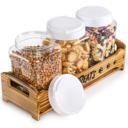 Tlence Dog Treats Container with 3 Plastic Jars, Dog Food Storage Canister with Wooden Stand, Airtight Pet Treat Holder for Dogs and Cats, Dog Snacks Treat Organizer with Scoop for Kitchen Counter