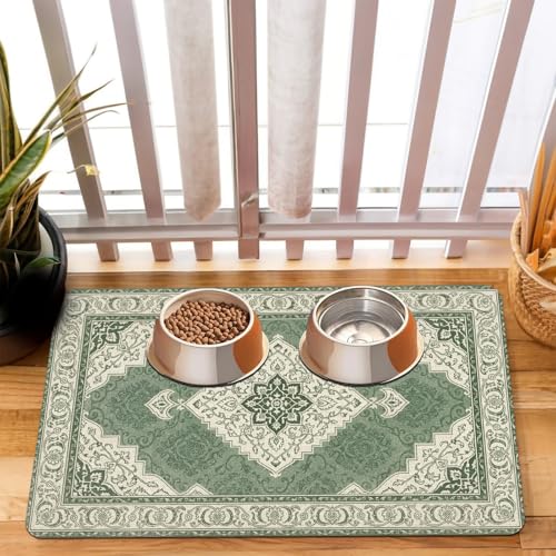 Pet Dog Cat Food Mat, Absorbent Retro Green Bowl Mats, 12 * 20 in | Non Slip, Cat Placemats Feeding Mat, Floors Indoor Puppy Accessories Supplies, Easy to Clean, Soft Durable Material - color: Vintage Green, size: 20"L x 12"W