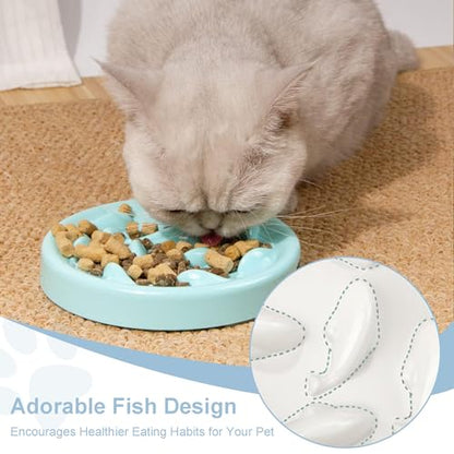 Slow Feeder Bowl for Cats and Small Dogs,Cilkus Fish Pool Design, Fun Interactive Bloat Stop Puzzle Feeder Bowl Healthy Eating Diet Made of Melamine Food Grade Material Dishwasher Safe (Blue) - color: Blue
