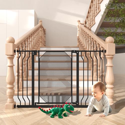 30-47.6" Baby Gate for Stairs & Doorways,Auto Close Extra Wide Dog Gate for House, Pressure-Mounted Safety Gate,with 180°Swing & Dual Lock, with Large Walk Thru Door, for Toddlers and Pets,Black