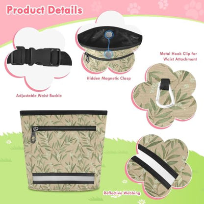 Leaves Water-Resistant Dog Treat Pouch, 3 Ways to Wear Treat Bag with Magnetic Closure & Reflective Strip, Hands-Free for Pet Training, Walking