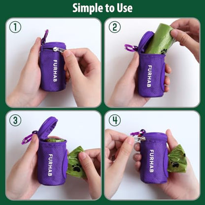 FURHAB Dog Poop Bag Holder for Leash Doggie Waste Bag Dispenser Soft Fabric Puppy Potty Carrier Small Doggy Zipper Pouch with Carabiner Clip 1680D Nylon Oxford with 1 Roll of Pet Trash Bags, Purple - color: Purple