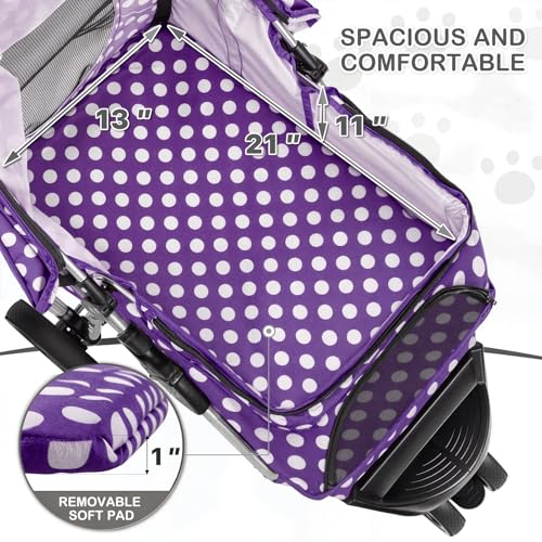 MoNiBloom 3 Wheels Pet Dog Cat Stroller for Small Medium Dogs Cats, Foldable Jogger Stroller w/Storage Basket and Cup Holder, Purple Polka Dots - color: Purple Polka Dots