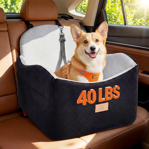 Dog Car Seat for Medium/Small Dogs, Dog Booster Car Seat, Pet Booster Seats Up to 40lbs with Waterproof Layer, 3 Storage Pockets and Safety Belt (Black/Grey) - color: Black/Grey