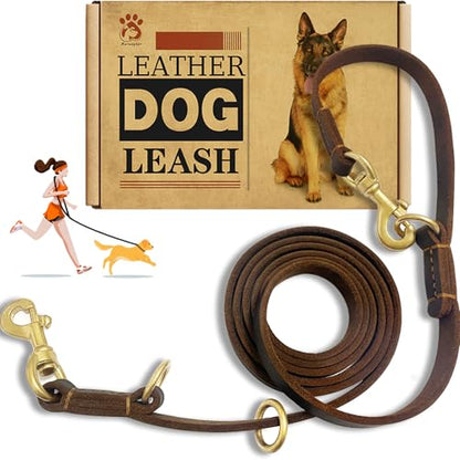 Hands Free Leather Dog Leash 8ft，Durable Genuine Leather Multi Function Dog Leashes，Strong Leash for Small Medium Large Breed Dogs