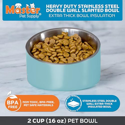 Master Pet Supply Stainless Steel Slanted Dog Cat Food Bowl - 16 oz Heavy Duty - Aqua Sky, Double Wall Insulated, Non-Slip Elevated Bowl for French Bulldogs Pugs Cats, Anti Rust Dishwasher Safe - color: Aqua Sky, size: 2 Cups (16 oz)