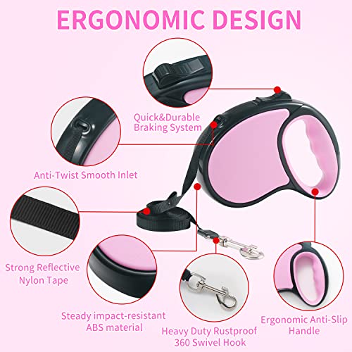 Retractable Dog Leash,[Strong Nylon Tape][One-Handed One Button Lock] for Small Medium Dogs and Cats,16ft Pet Walking Leash with 360°Tangle-Free Design,Anti-Slip Handle,Gift Package (Pink) - color: Pink