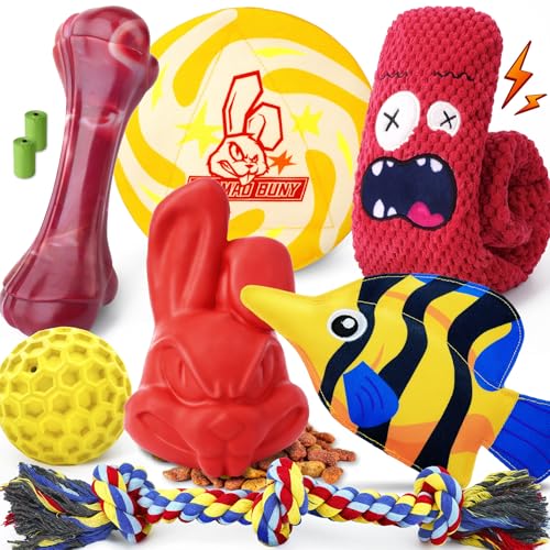 Long-Lasting Heavy Various Dog Chew Toys for Aggressive Chewers, 9 Pack Indestructible Large Dog Toys Include Tug Chew & Rope Toys, Squeaky Toys for Medium&Large Breed(for Super chewers -Mad Bunny) - color: For Super Chewers (Mad Bunny)