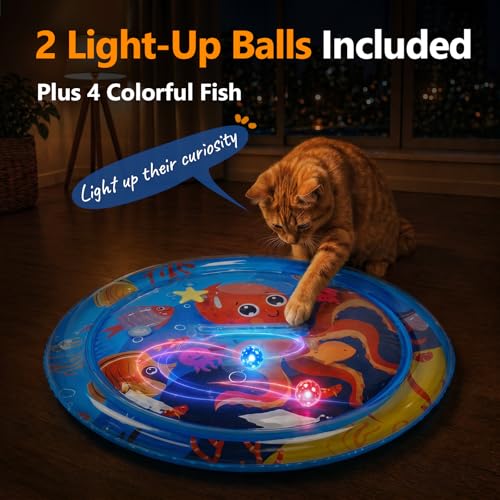 Thickened Cat Sensory Water Play Mat, Interactive Aqua Cats Water Mat with Floating Fish and 2 Balls for Cats & Dogs, Indoor Pet Water Bed Play Mat - color: Round