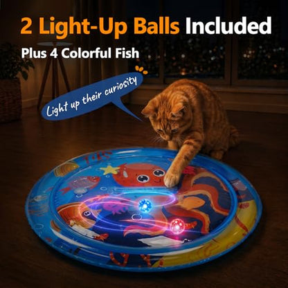 Thickened Cat Sensory Water Play Mat, Interactive Aqua Cats Water Mat with Floating Fish and 2 Balls for Cats & Dogs, Indoor Pet Water Bed Play Mat - color: Round
