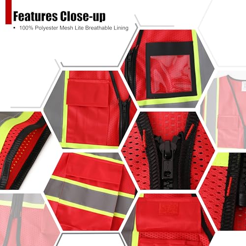 Reflective Safety Vest for Men Women Hi Vis Vest with 8 Pockets High Visibility Mesh Reflective Vest Meets ANSI/ISEA Standards (Red-07,Medium) - color: Red, size: Medium