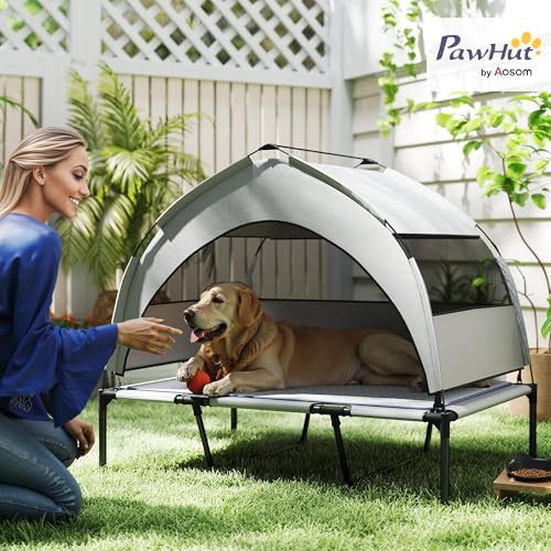 PawHut Elevated Dog Bed with Cooling Pad, Raised Outdoor Pet Bed with Removable Canopy, Breathable Mesh, Storage Bag, Portable Pet Cot for Indoor Outdoor Large Dogs, 42" x 30" x 37", Light Gray - size: 3.5' L x 2.5' W x 3.1' H