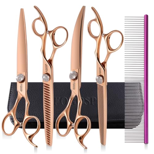 Rose Gold Titanium Dog Grooming Scissors Set 4PCS Curved Thinning Straight Chunkers Shears Kit with White Artificial Diamonds Ergonomic Offset Handle Japan 440C Sharp and Durable - size: 8 inch, style: Dog Scissors Kit