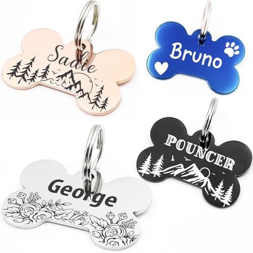 Personalized Pet ID Tags, Customizable Hexagon, Bone and Round Shapes, Multiple Designs with Mountain, Floral, and Night Sky Patterns, Stainless Steel Dog and Cat Tags (Bone) - style: Bone