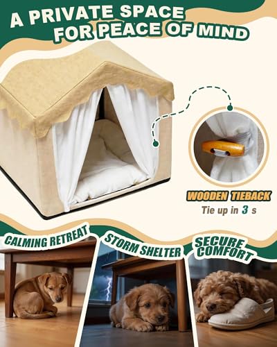 Indoor Dog House, Breeze Pet Tent with Sturdy Frame & Window, Dog Cave Bed with Washable Cover for Cat & Small Dogs (8-20 lb), 18", Cream - size: M (18"×18"×18")