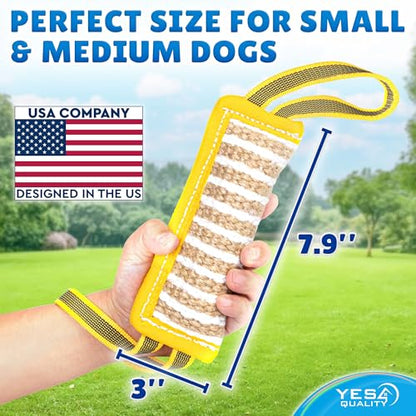 YES4QUALITY Dog Bite Tug Toy - 7.9"x3" - Durable Pull Toy with 2 Soft & Strong Handles - Tough Jute Bite Pillow for Small to Medium Dogs - Ideal for Tug of War, Fetch, K9, Puppy Training & Play