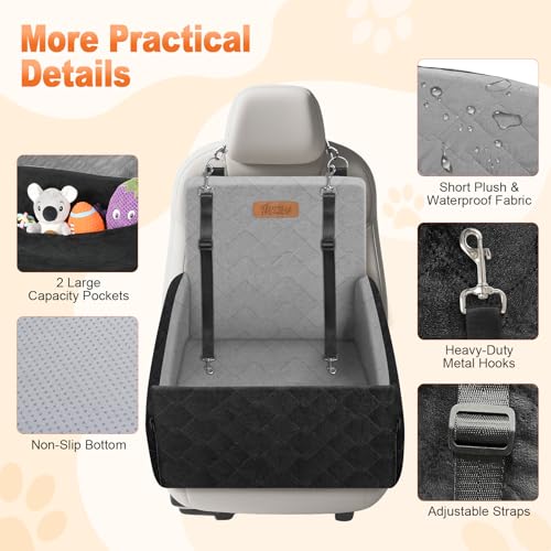 Elevated Dog Car Seat, Dog Booster Car Seats for Small & Medium Breeds Up to 35lbs, Fully Detachable and Washable, Soft Foam Pet Carseat with 2 Storage Pockets & 3 Safety Belts, Black & Gray - color: Black & Gray