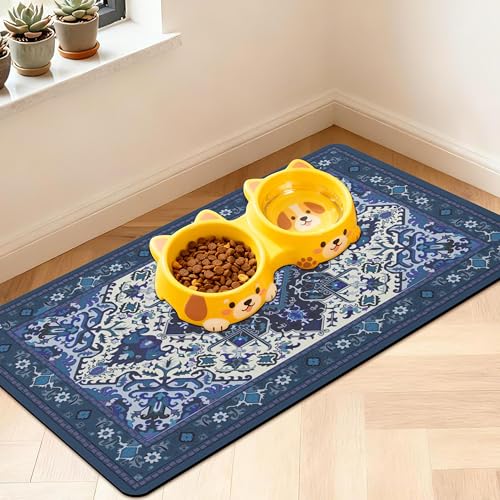 Pet Feeding Mat for Floors Waterproof Dog Mat for Food and Water Absorbent Quick Dry Non Slip mat for Cat Bowls - color: BlueBoho, size: 30"L x 17"W