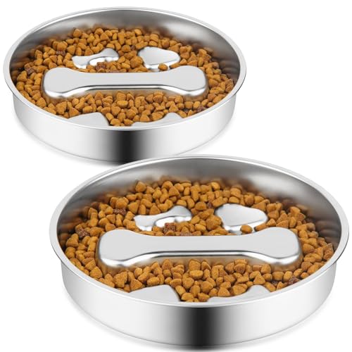 Stainless Steel Slow Feeder Dog Bowls,2 Pcs Slow Food Bowl for Dog & Cat - 2 Cups Capacity,Bone-Shaped Design Pet Food Holder,Metal Non-Slip Lick Plate,Puzzle Maze Dish for Small & Medium Sized Breeds - color: Bone-2Pack, size: M 1.5~2Cups