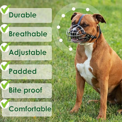 BRONZEDOG Pitbull Dog Muzzle Metal Mask Amstaff Wire Basket Pit Bull Adjustable Leather Straps for Large Dogs (Brown) - color: Leather, Brown Metal