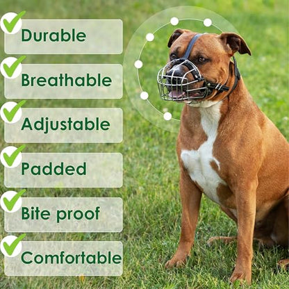 BRONZEDOG Pitbull Dog Muzzle Metal Mask Amstaff Wire Basket Pit Bull Adjustable Leather Straps for Large Dogs (Brown) - color: Leather, Brown Metal