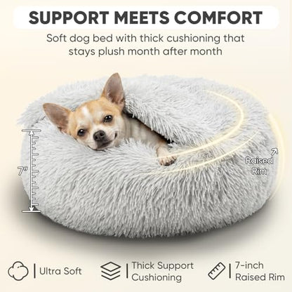 Himax Small Cat & Dog Bed with Cover, Calming Dog Bed for Small Dogs,Anti-Anxiety Donut Dog Bed with Attached Blanket,Washable Round Fluffy Pet Bed (20"/26"/35"), Light Grey - color: Light Grey, size: 20.0"L x 20.0"W x 7.0"Th