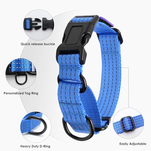 Martingale Dog Collar, Reflective No Pull Training Collar with Quick Release Buckle & USA Flag, Heavy-Duty Nylon, Adjustable for Small Medium Large Dogs (L,Blue with Flag - color: Blue with Flag, size: L (1" x 19"-26")