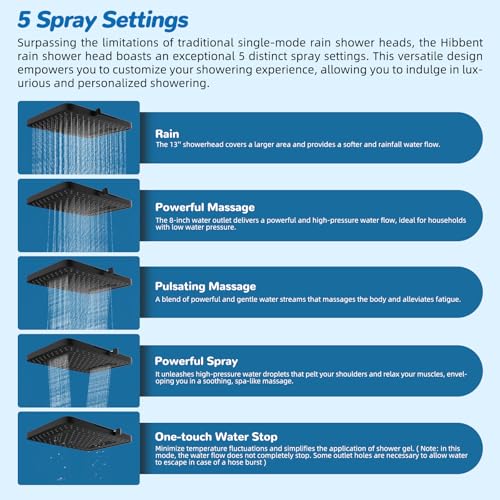 Hibbent cUPC Certified 13'' Shower Head Combo, High Pressure 5 Spray Rainfall Showerhead, 10 Spray Mode Handheld, All Metal Easy Reach 4-way Diverter Arm with Pause Mode, 71'' Hose and Holder, Black - color: Black, style: Square 13"