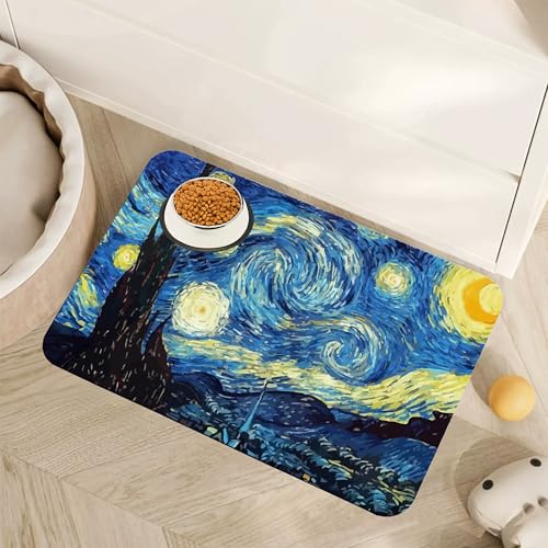 Starry Night Dog Cat Food Mat,Absorbent Pet Feeding Mat for Food and Water,Non-Slip Dog Bowl Mats Floor Protector 12"x20" - color: Starry Night, size: 20"L x 12"W