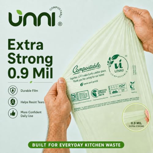 UNNI Compostable Trash Bags, 13 Gallon / 49.2 Liter, 50 Count, Extra Thick 0.9 Mil Tall Kitchen Food Scrap Bin Liners, Certified by BPI, CMA & OK compost HOME, Meets the ASTM D6400 Standard - size: 50 Count (Pack of 1), style: 13 Gallon