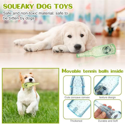 Soulchen 4 Pcs Water Bottle Dog for Aggressive Chewers Cute Squeaky Toys with Ball Inside Interactive Fetch Training Floating Rubber for Teething, Durable Bottle for Small Medium Large Dogs