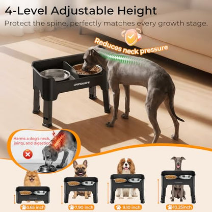 URPOWER Mess Proof Elevated Dog Bowls, High Wall Splash Guard Design, 4 Height Adjustable Raised Bowl Stand, 2 Stainless Steel Bowls, Non-Slip Food Water Set for Small Dogs - color: Black, size: Small