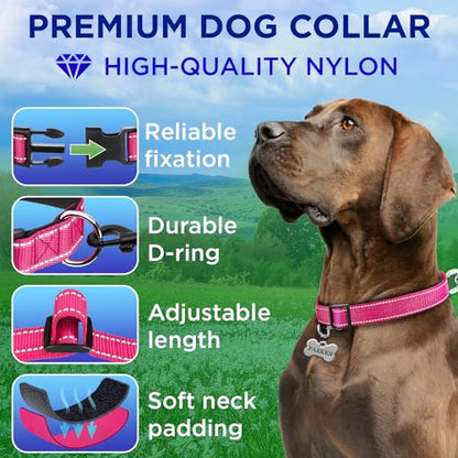 TECEUM Reflective Dog Collar – Hot Pink – M – Extra Soft Padding – Basic Nylon Pet Collar – Quick Release Buckle – Fits Small, Medium and Large Dogs, Puppies, Cats – ESA & Service Dog Options - color: Hot Pink, size: Medium