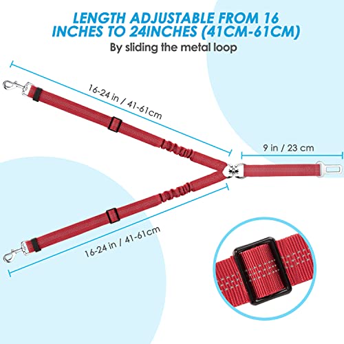 SlowTon Dog Seat Belt, Double Dog Seatbelt Adjustable Vehicle Safety Leash with Elastic Bungee Buffer, Reflective No Tangle Y Shape Two Dog Harness Seat Belt Splitter for Pets Car Trip Travel (Red, S) - color: D.Red, size: 2 Small in 1