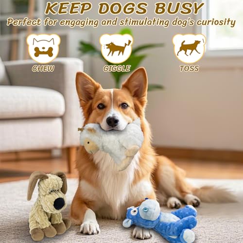 3 PCS Squeaky Stuffed Dog Toys，Plush Dog, Sheep, Hippo Shape Dog Toy， Indoor&Outdoor Playing Dog Toys to Keep Them Busy, Chew Toys for Large Medium Small Puppies - color: Khaki,White,Blue