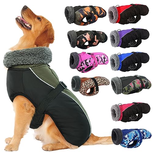 IECOii Extra Warm Reflective Adjustable Dog Jacket - Fleece Turtleneck Winter Coat for Small to Extra Large Dogs - color: Army Green, size: Large(Chest:20.9-24.4 in)