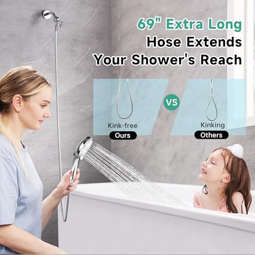 BRIGHT SHOWERS High Pressure Shower Head with Handheld, 9 Spray Settings Showerhead Built in Power Wash to Clean Tub and Pets, Extra Long 69" Hose, Adjustable Bracket, Chrome - color: Chrome, style: 1.8 GPM | 9 Modes