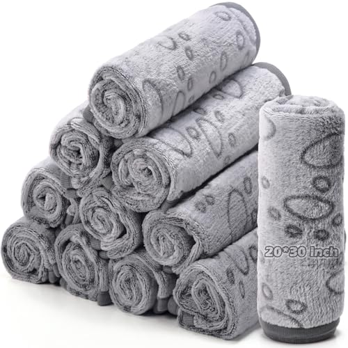 Tegeme 12 Pcs Pet Blankets 30 x 20 Inch Soft Fluffy Fleece Dog Cat Warm Paw Print Pattern Blankets Flannel Throw for Pets Dog Puppy Cat(Gray) - color: Gray, size: 30 x 20 Inch